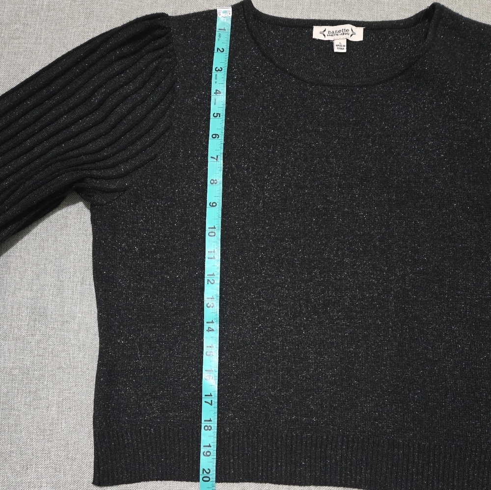 Nanette Lepore Black and Silver Sparkle Knit Sweater Ribbed Sleeves Size Large - Picture 9 of 14